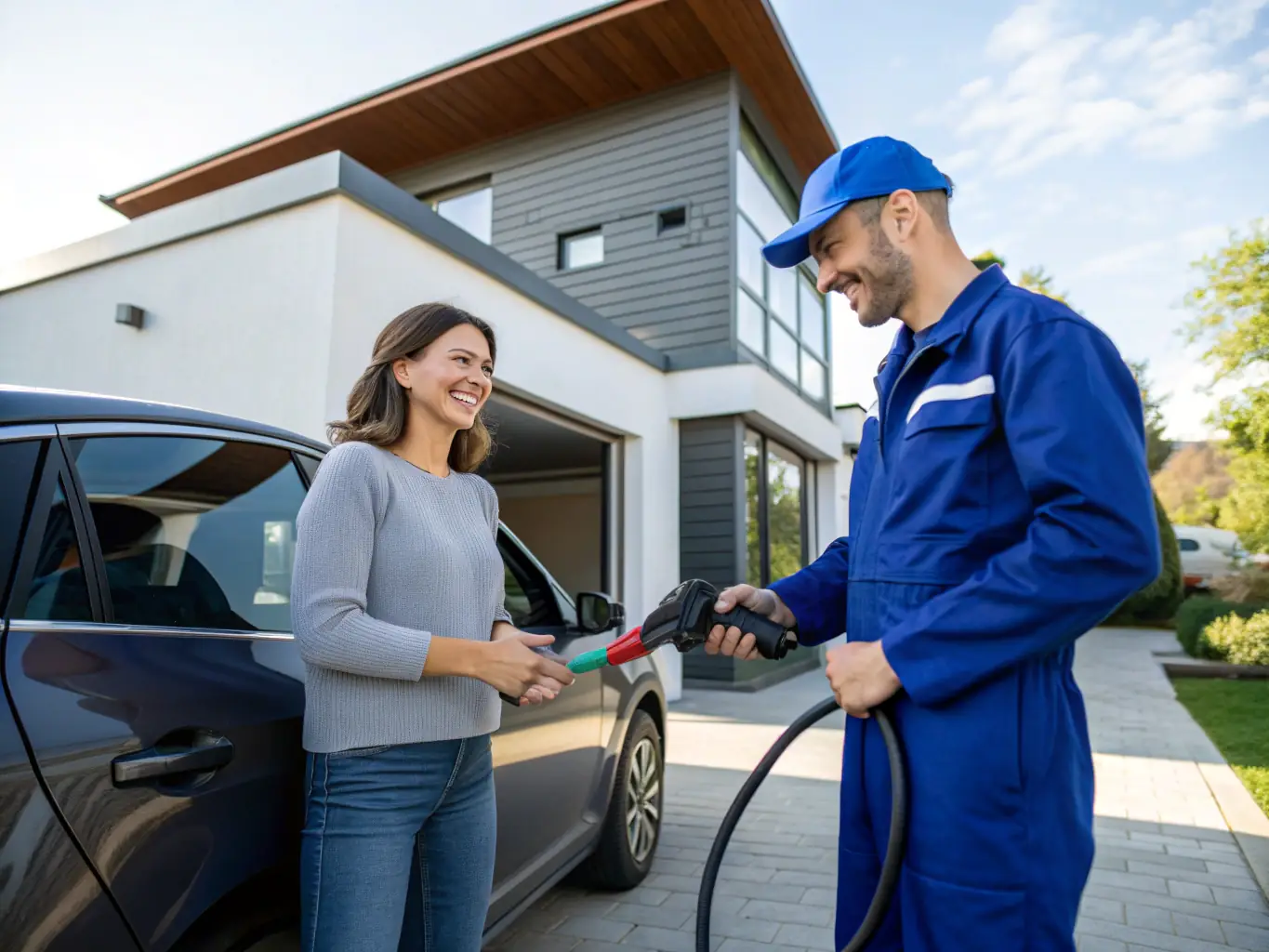 A satisfied customer receiving fuel delivery from FuelExpress, showcasing the ease and convenience of the service.