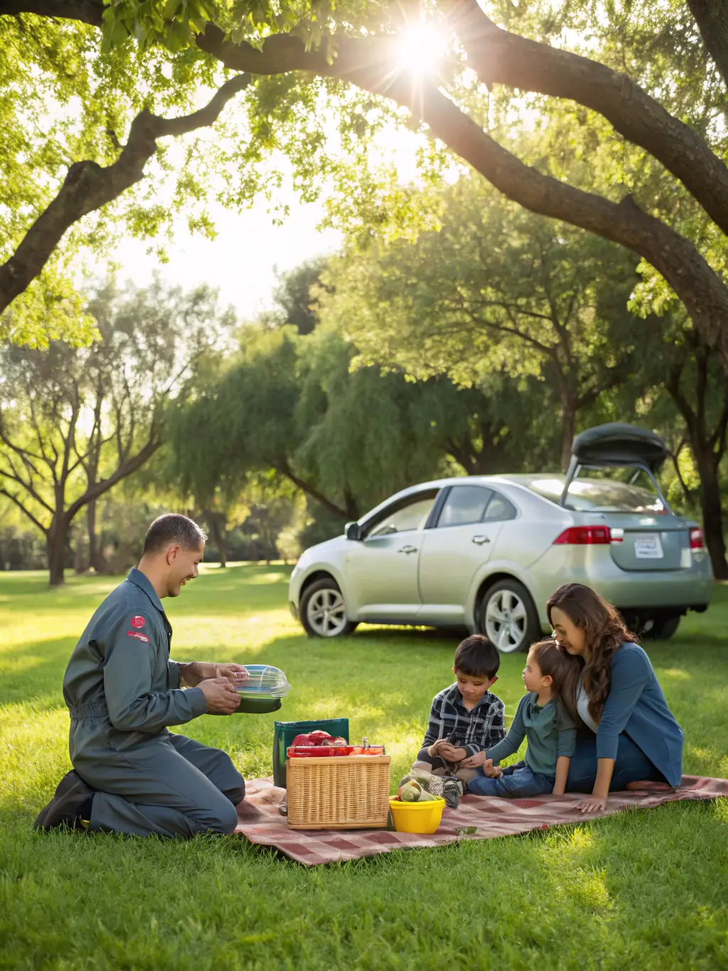 A family enjoying a picnic while a FuelExpress technician discreetly refuels their car in the background, highlighting the seamless integration of the service into daily life.