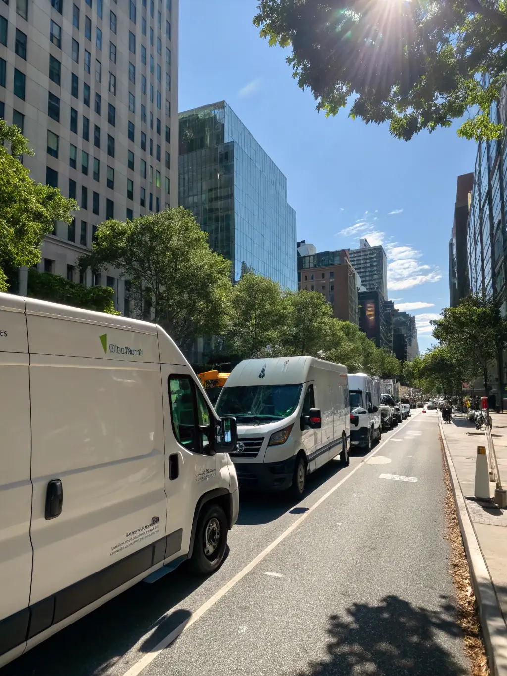 A FuelExpress van delivering fuel to a fleet of parked commercial vehicles, emphasizing the service's efficiency for businesses.