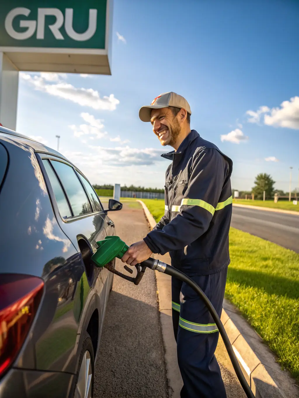 A person relaxing in their car while a FuelExpress technician refuels it, showcasing the convenience of the service.