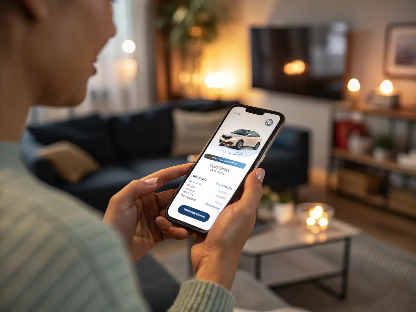A person using the FuelExpress app on their smartphone to schedule a fuel delivery, with a car parked in the background.